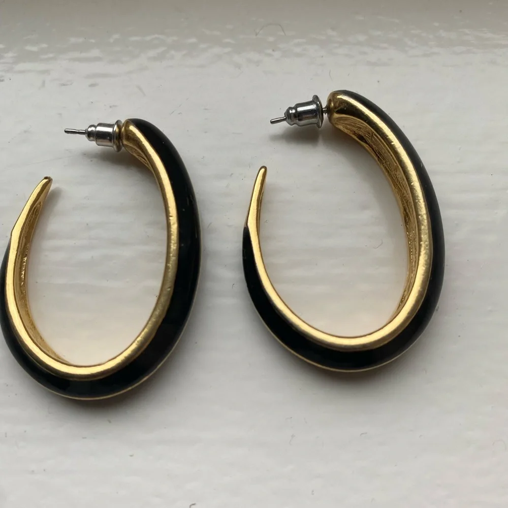 Trifari vintage gold and black resin hoop earrings